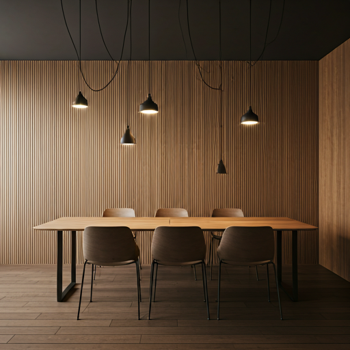 ultra modern minimal office interior with warm wood accents and atmospheric hanging lights