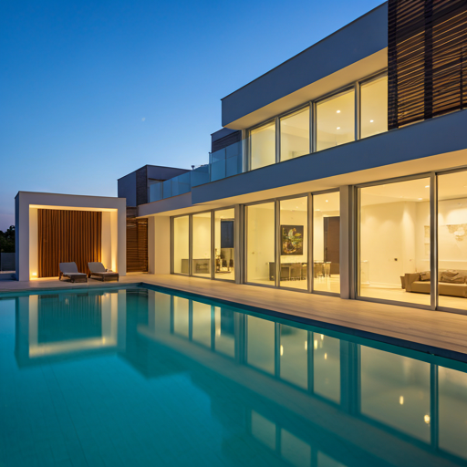 Modern minimalist luxury villa with floor-to-ceiling windows overlooking a turquoise swimming pool at dusk with warm interior lighting